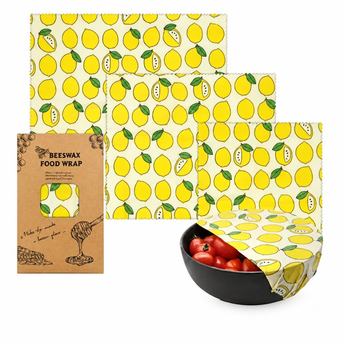 Lemon beeswax food wrap set in three sizes with matching packaging