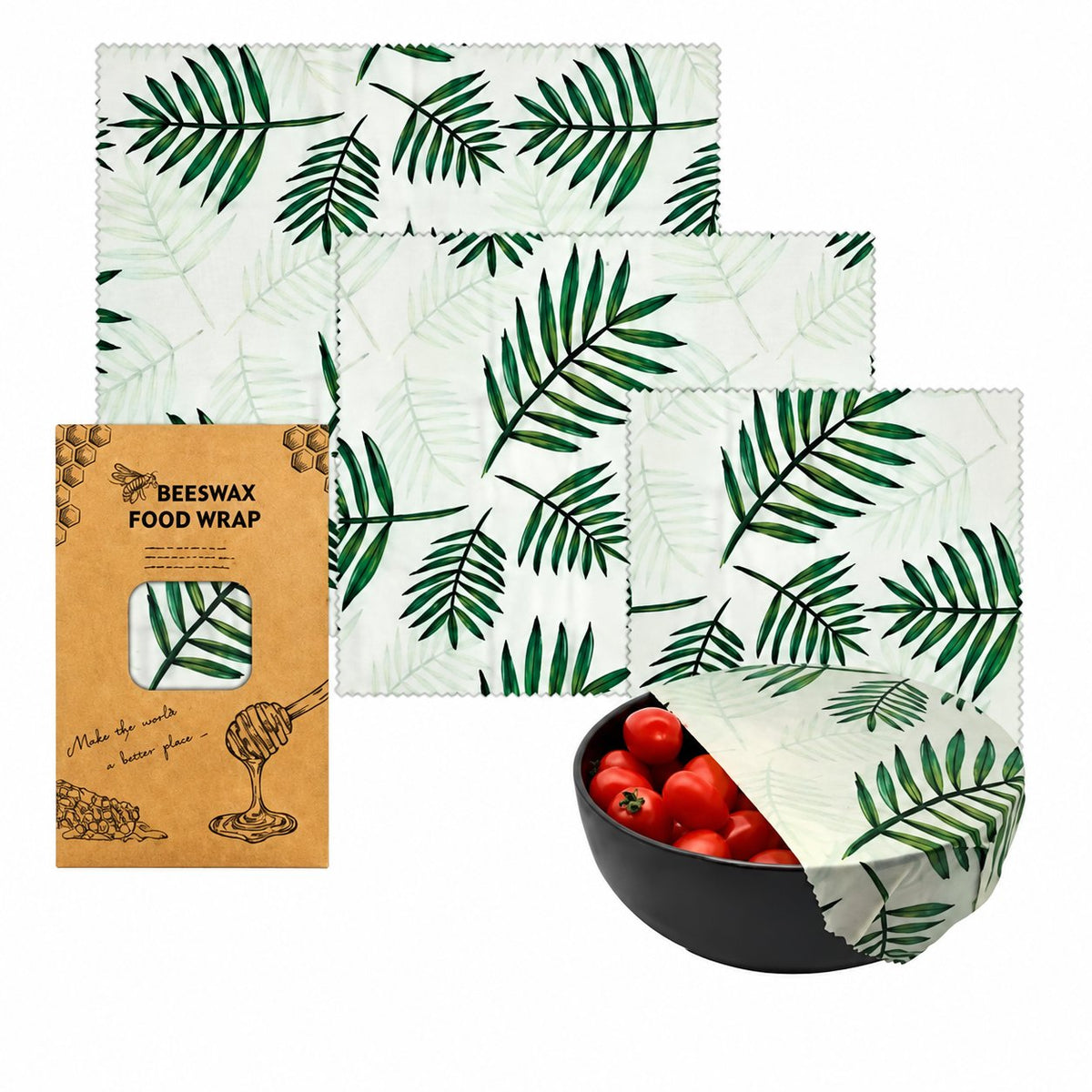 Palm Leaf beeswax food wrap set in three sizes with matching packaging