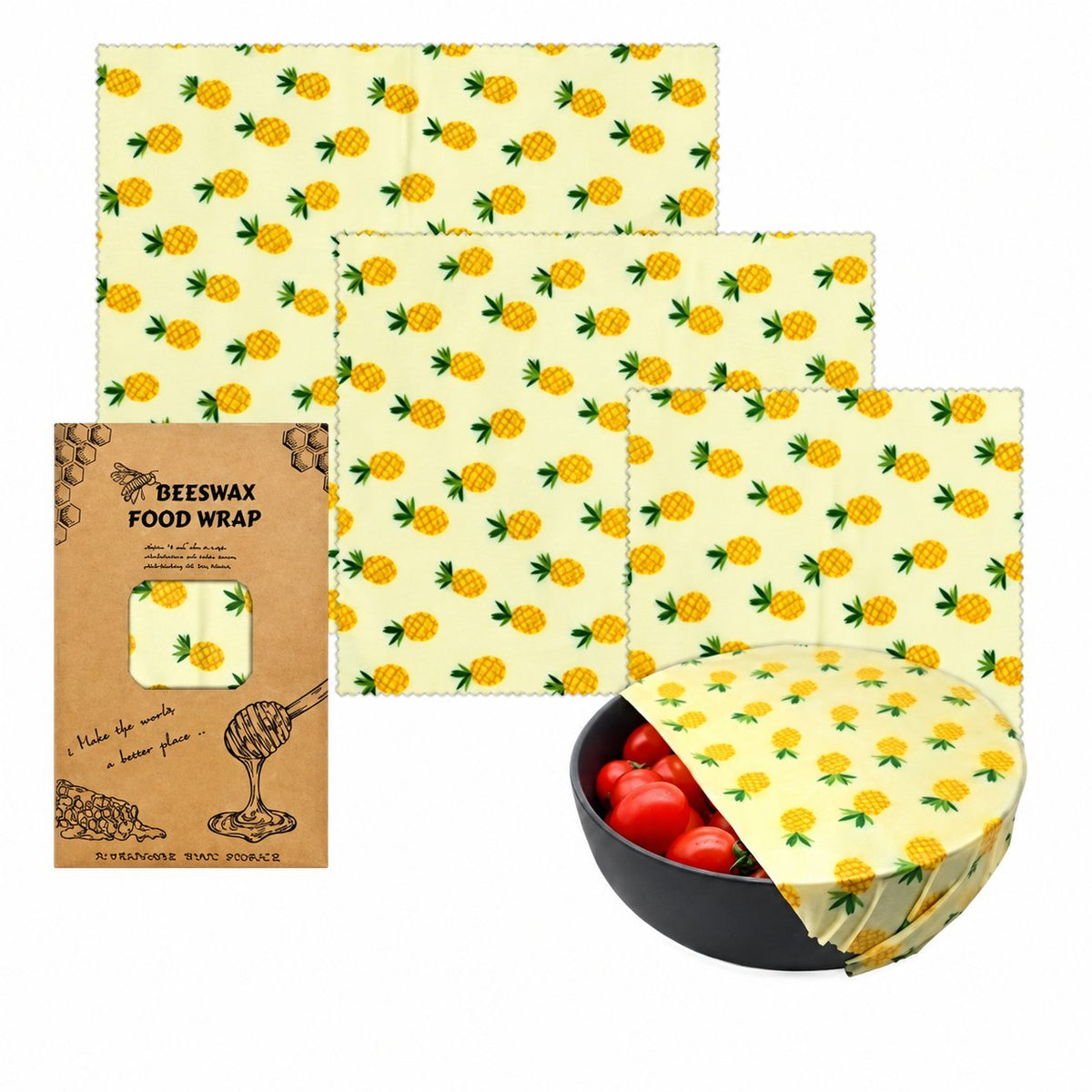 Pineapple beeswax food wrap set in three sizes with matching packaging