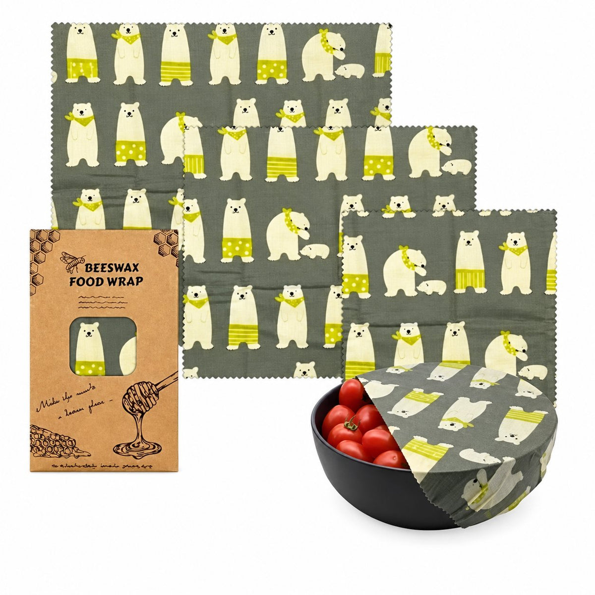 Polar Bears beeswax food wrap set in three sizes with matching packaging