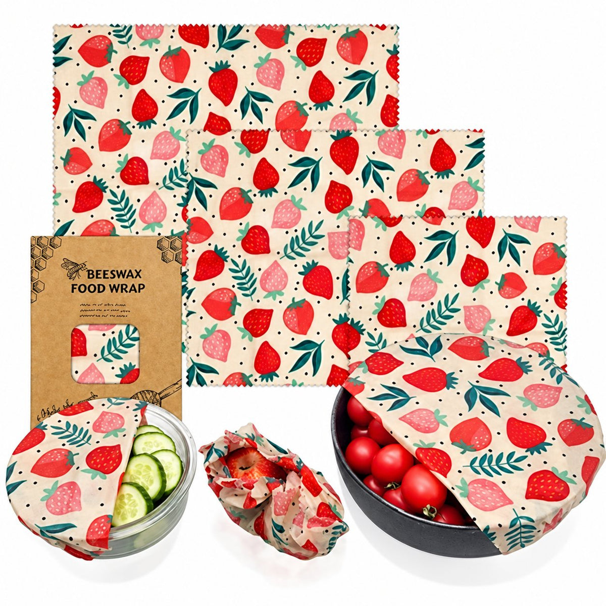 Strawberry beeswax food wrap set in three sizes with matching packaging