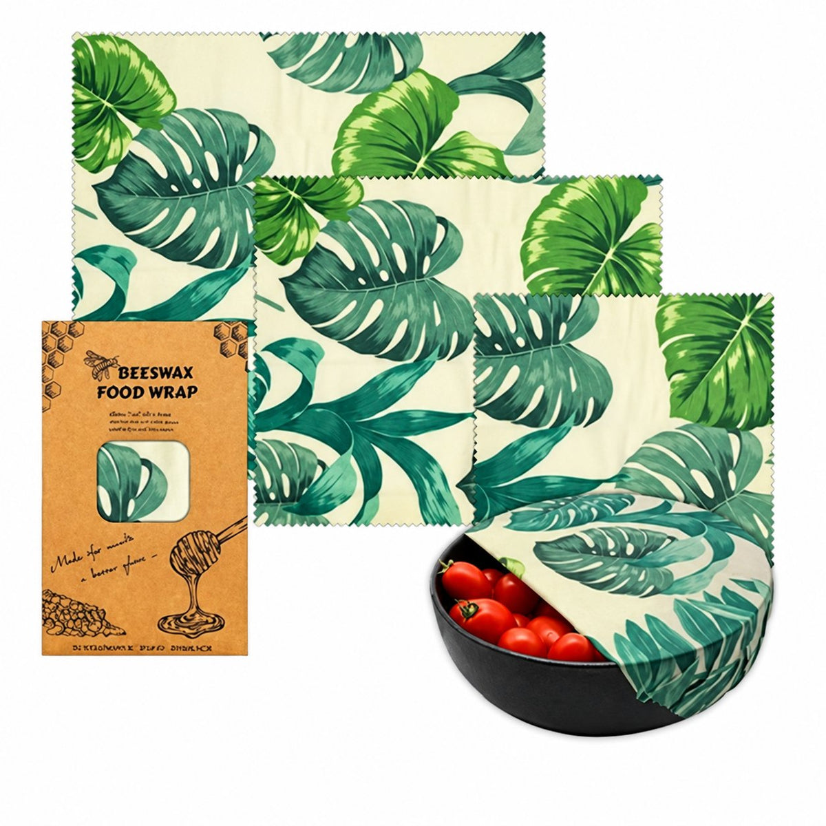 Tropical Leaf beeswax food wrap set in three sizes with matching packaging