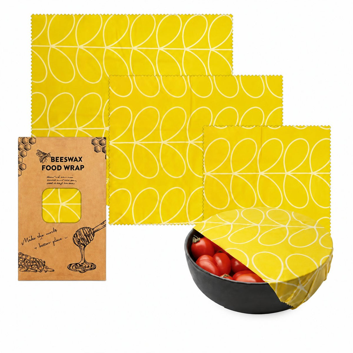 Yellow Leaf beeswax food wrap set in three sizes with matching packaging