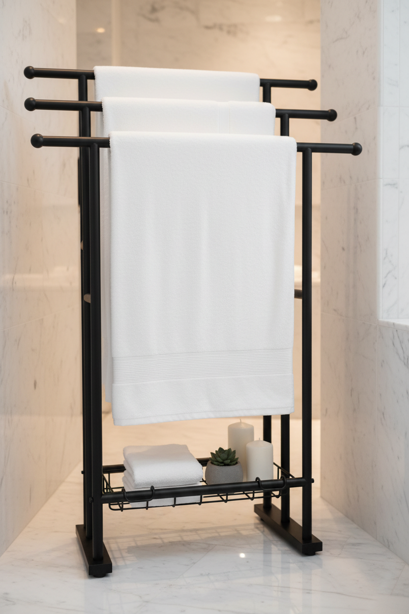 3-Tier Freestanding Towel Rack | Black Metal Bathroom Organizer with Storage Shelf