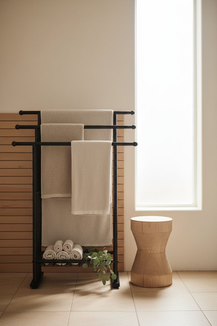 3-Tier Freestanding Towel Rack | Black Metal Bathroom Organizer with Storage Shelf