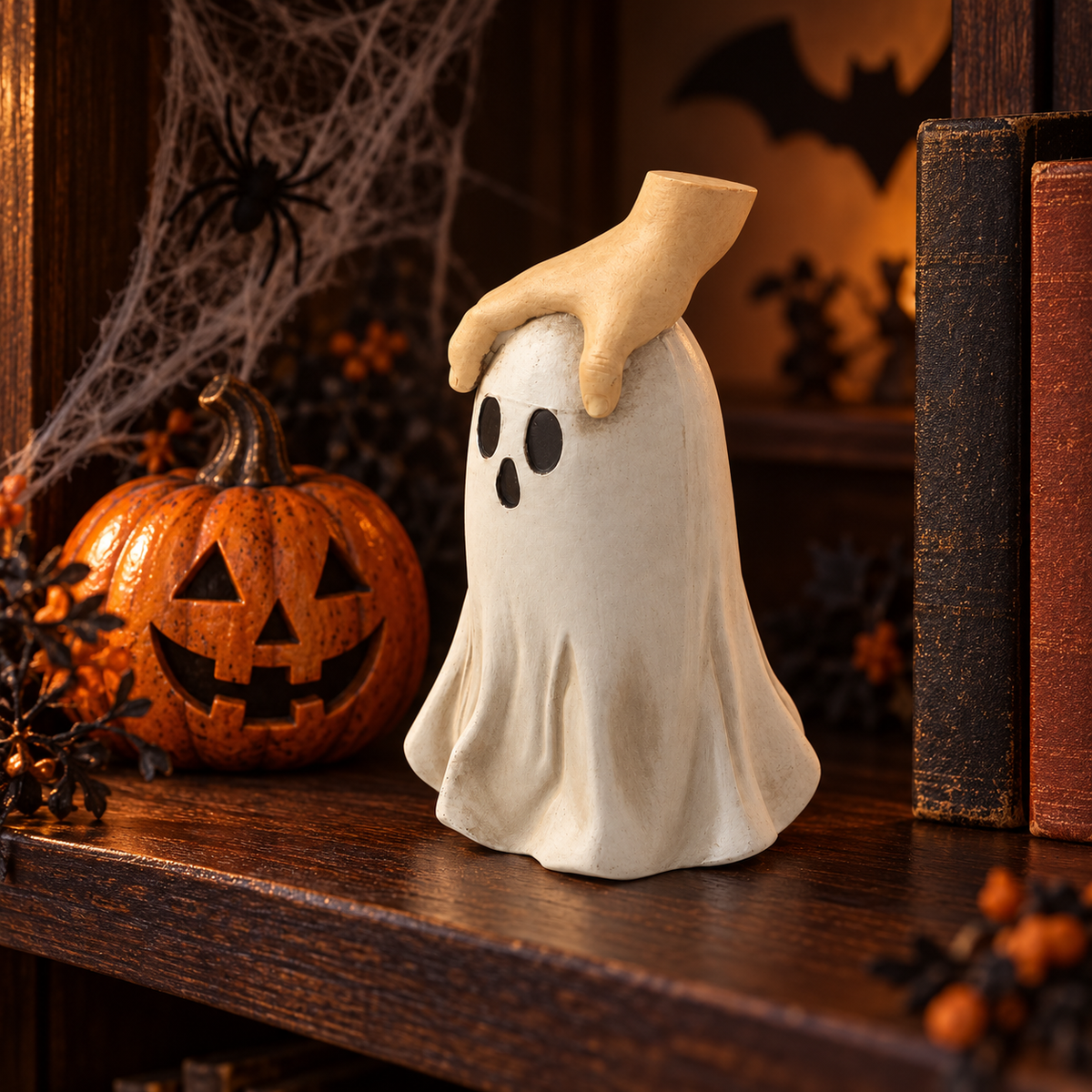 Hand and ghost Halloween resin ornament styled on an indoor shelf with cobwebs and a pumpkin