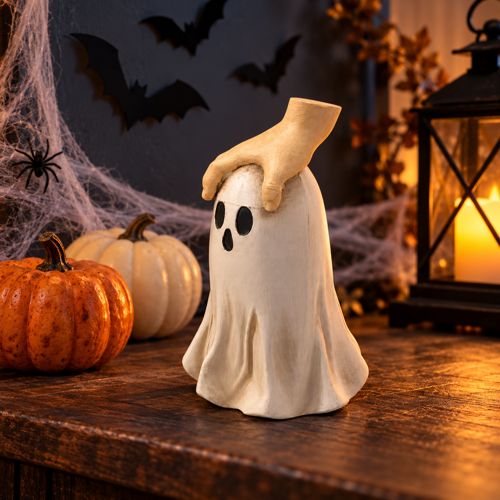 Hand and ghost resin ornament on a Halloween entryway console with pumpkins and paper bats
