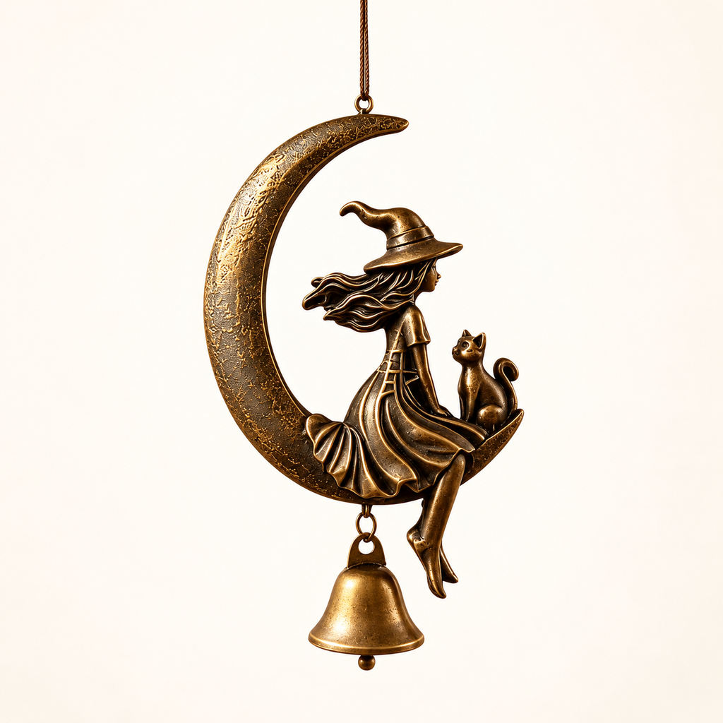 Bronze-tone moon witch and cat hanging resin ornament with bell on an ivory background