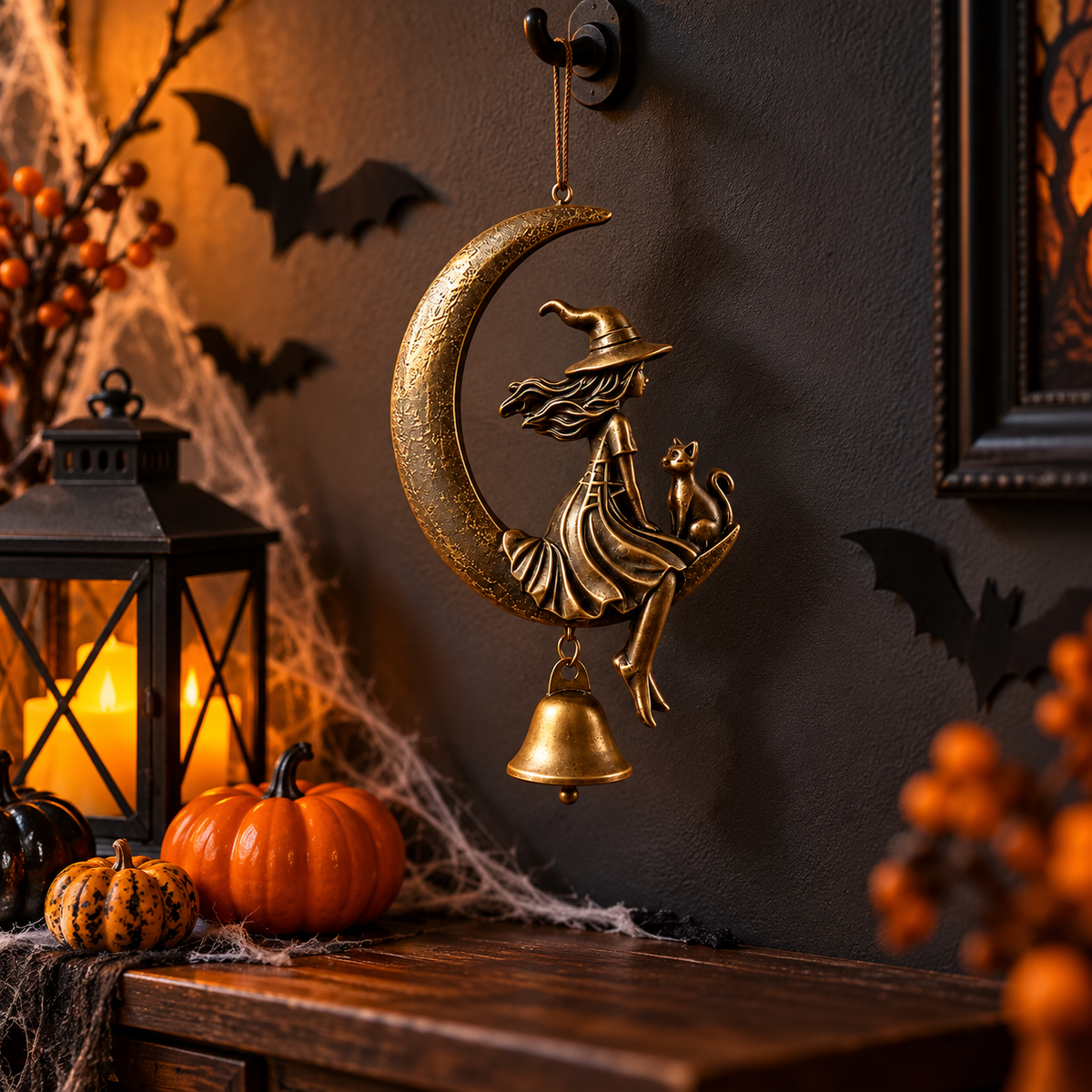 Moon witch and cat hanging resin ornament in a Halloween entryway with pumpkins and bat silhouettes