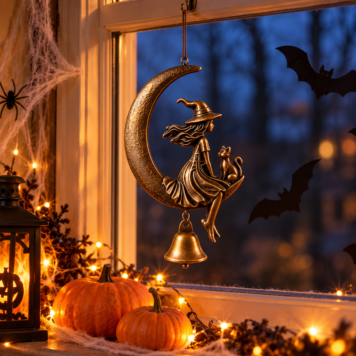 Bronze-tone moon witch and cat ornament hanging indoors beside a Halloween window