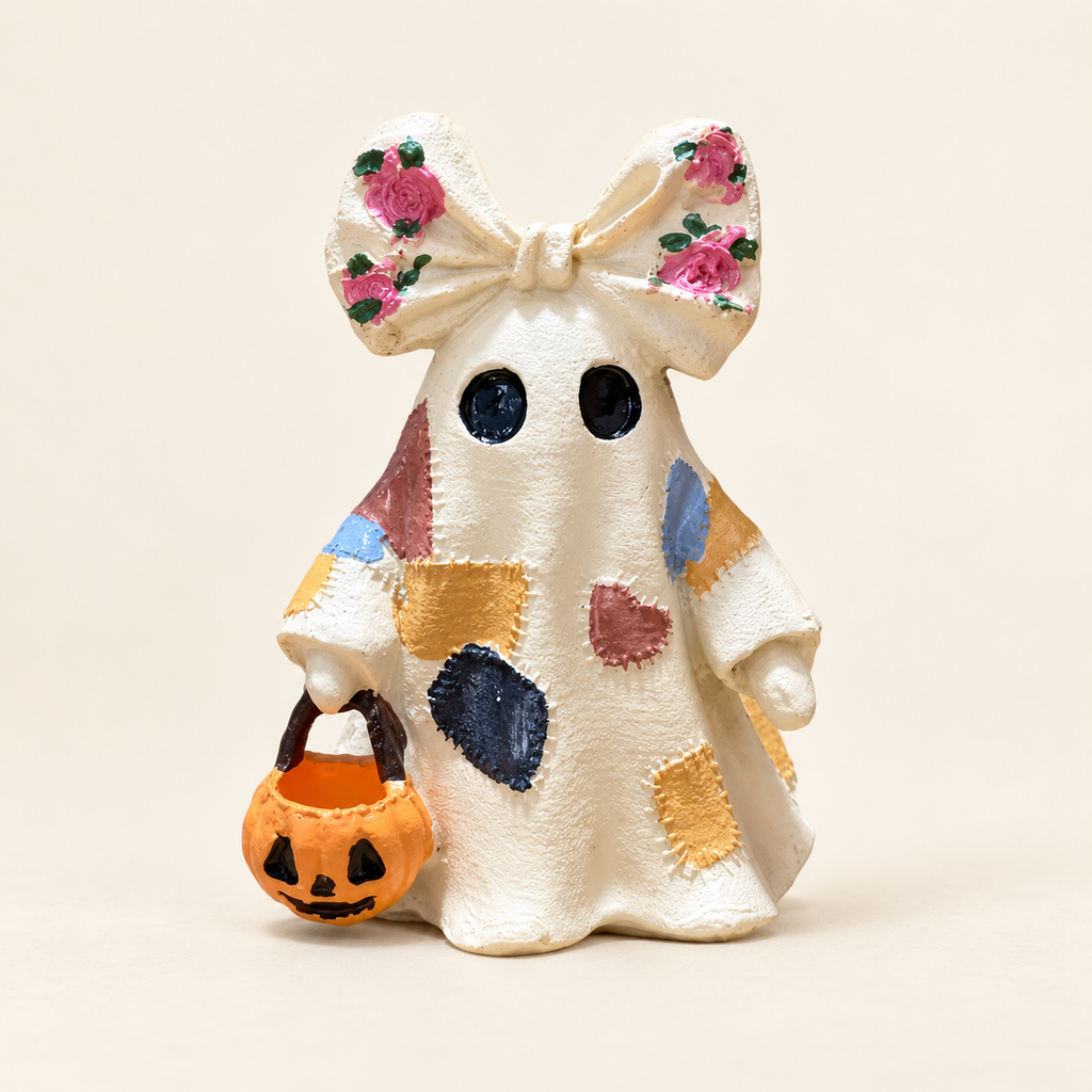 Floral bow patchwork ghost resin ornament with pumpkin bucket on an ivory background