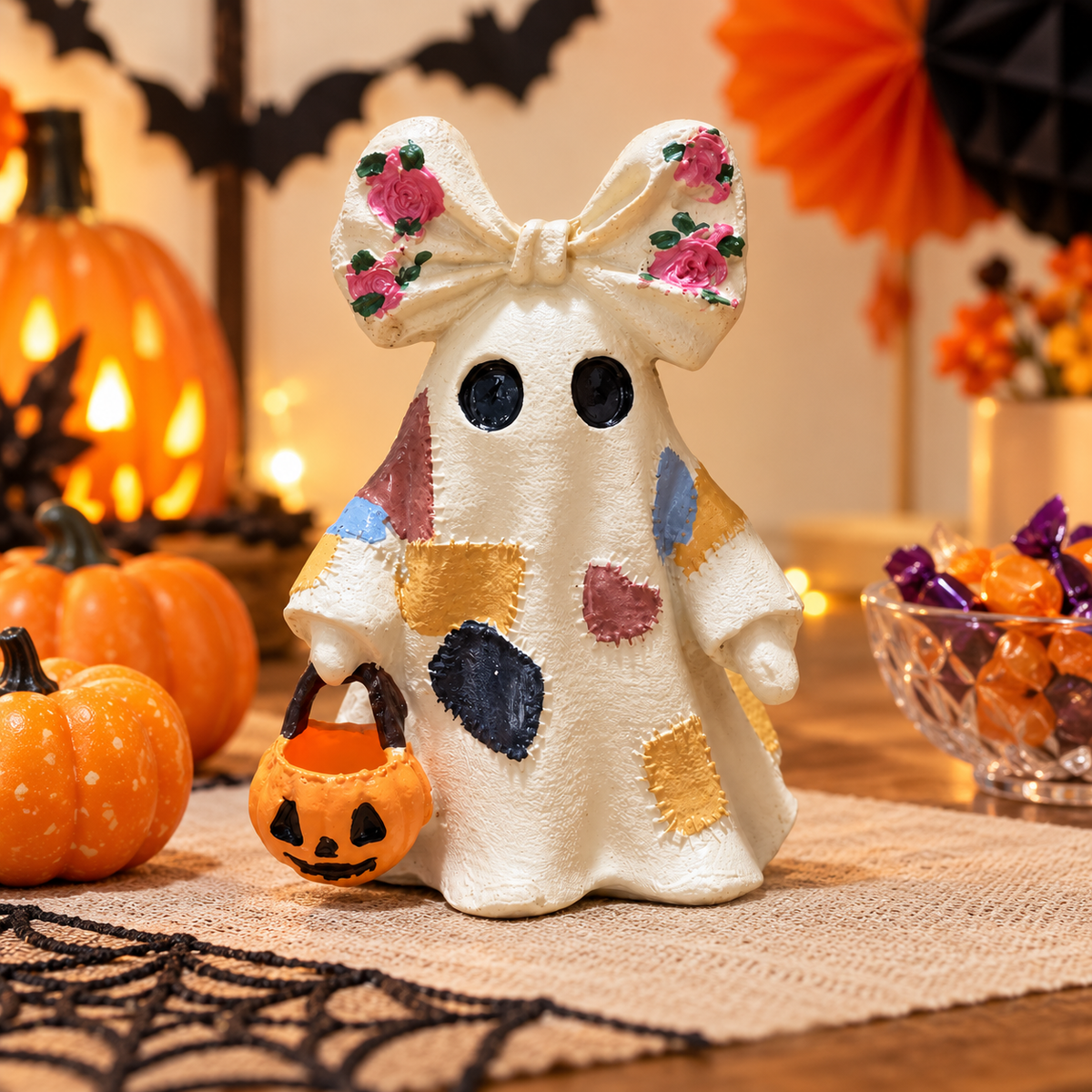 Patchwork ghost resin decoration on a Halloween party console with pumpkins and bat garland