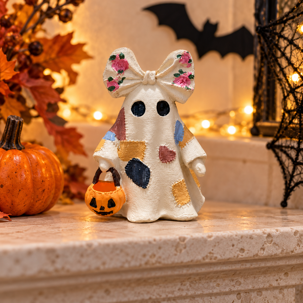 Floral bow patchwork ghost styled on a Halloween mantel with pumpkin decor and paper bats